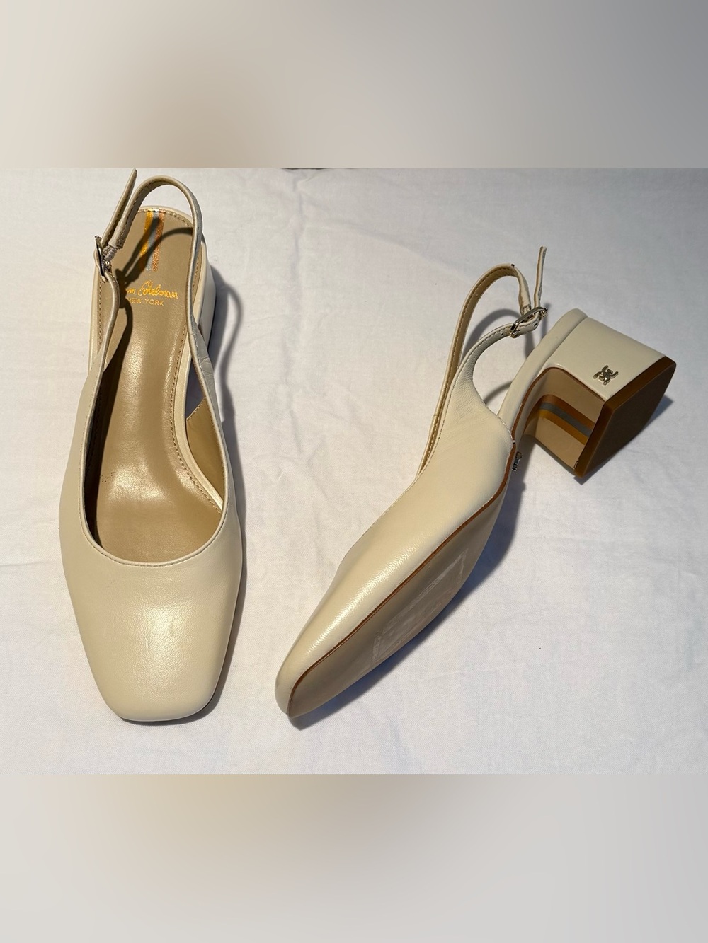 Sam Edelman Leather Cream Slingback Block Heels Sz 5.5 Ivory Square Toe Pumps